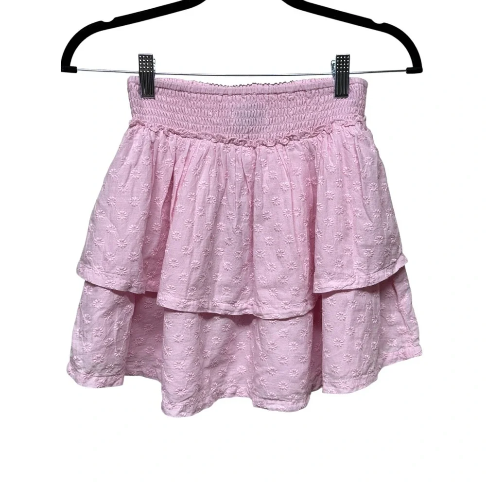 Hollister Skirt Sz S Pink Floral Embroidered‎ Tiered Ruffle Coquette High Rise